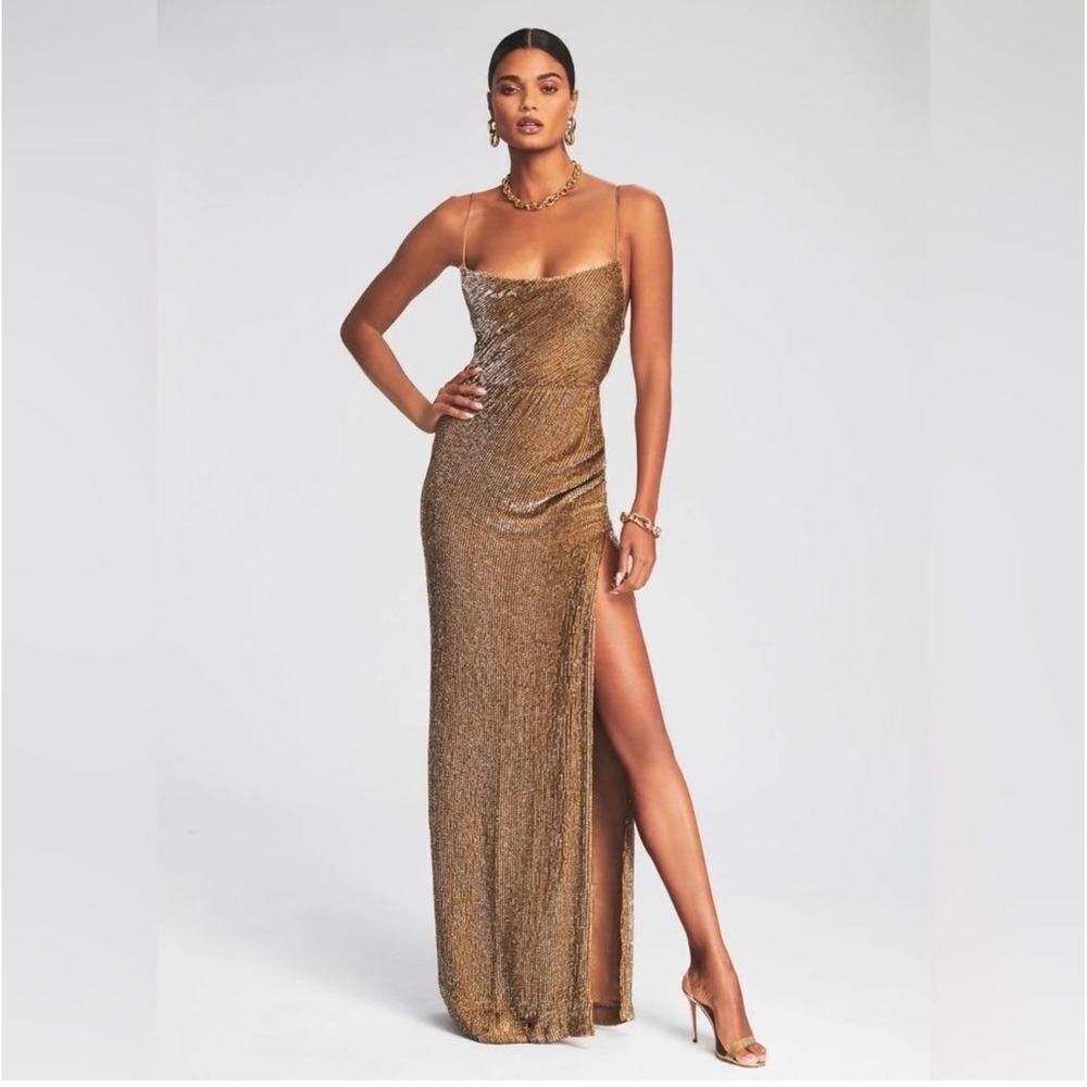 NWT Retrofête Katya Sequin Gown Bronze XS Cowl Neck Maxi Dress $795‎